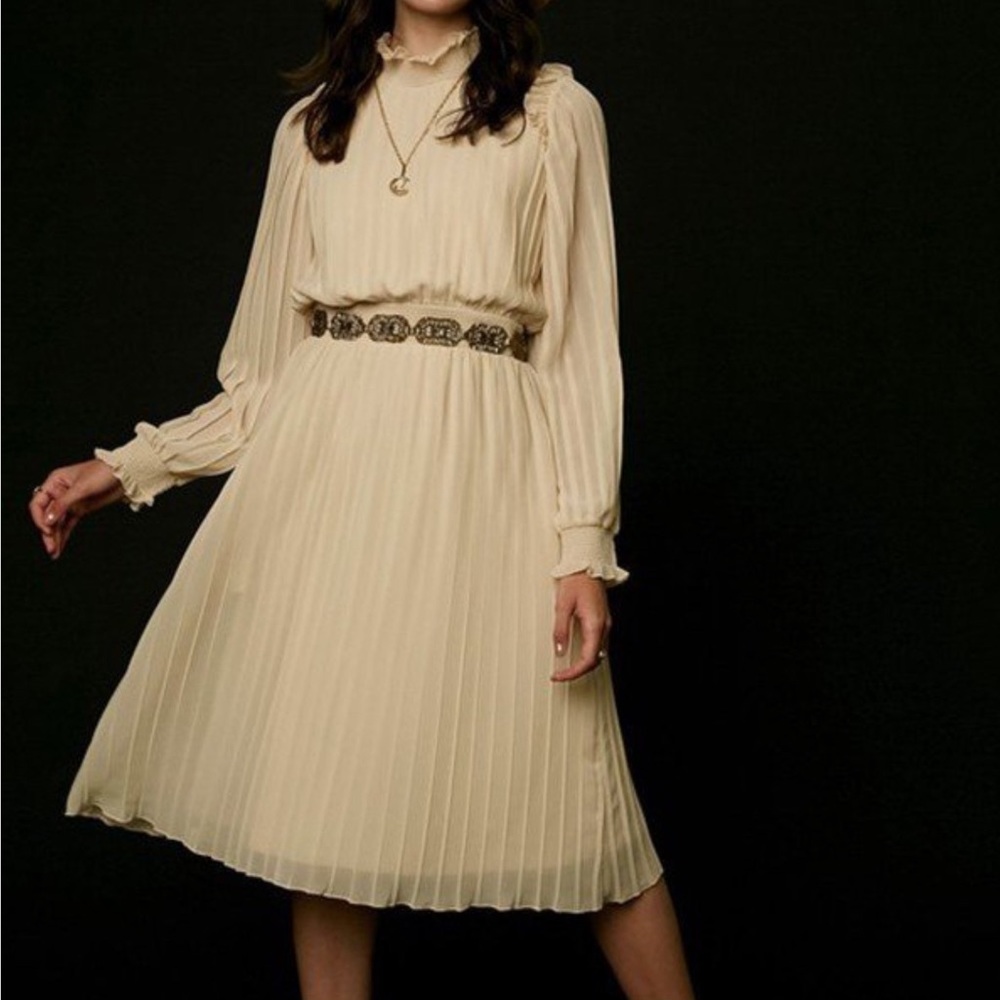 Iovy Pleated Chiffon Ruffle Neck Midi Dress